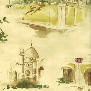 May include: A watercolor painting of a mosque with a dome and minarets. The mosque is painted in shades of brown and white, and is set against a background of a light yellow sky. The painting is surrounded by a border of green foliage.