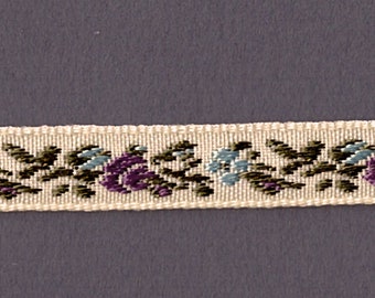 5 Yards 3/8" Green, Purple, Light Blue on Cream Floral Jacquard Trim 83910-7