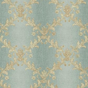Carta da parati Trellis con strisce color acquamarina e riflessi metallizzati dorati di York KP4983