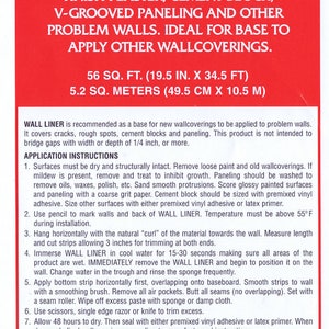 May include: Red and white LPP-2 Heavy Duty Wall Liner product label. The label recommends the liner for lining over sand, plaster, cement block, and other problem walls. The label includes application instructions and measurements in feet and inches.