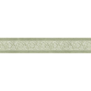 May include: A decorative wallpaper border featuring a repeating floral and leaf pattern in white against a pale green background. The border has a textured appearance with horizontal lines above and below the central design, creating a classic, elegant look.