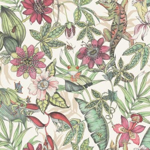 May include: A botanical illustration featuring a cream-colored background with a repeating pattern of tropical flowers, leaves, and wildlife. The design includes pink and purple flowers, green leaves, and a lizard and frogs.