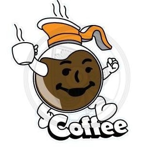 May include: A cartoon illustration of a coffee pot character with a smiling face, holding a cup of coffee. The coffee pot is brown with an orange lid and the word "Coffee" is written below.