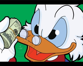 Può includere: Un personaggio papero dei cartoni animati con piume bianche e becco arancione indossa occhiali rotondi. Il personaggio tiene in mano un grosso rotolo di banconote da cento dollari statunitensi fissato con un elastico su sfondo verde.