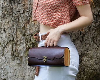 Personalized Brown Leather Handbag, Mini Top Handle Bag