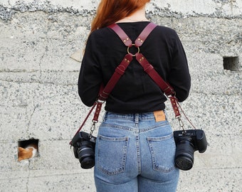 DSLR Double Camera Strap, Leather Multi Camera Harness, Dual Sling for Photographers