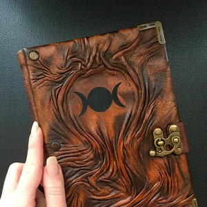 Triple Moon Leather Journal – Handcrafted Moon Goddess Grimoire, Witchy Notebook, Pagan Wiccan Journal, Embossed Book of Shadows