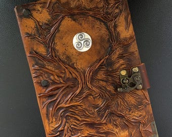Celtic Leather Journal with Triskele, Personalized Pagan Notebook, Druid Gift, Book of Shadows