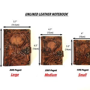 Journal has three different sizes with different amount of pages. Large one (5.7x8 inch) with 300 pages, medium one (4.7x6.3 inch) with 250 pages, small one (4x5.5 inch) with 190 pages.