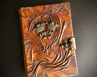 Cuaderno de teatro de cuero / Regalo para actores y profesores de teatro / Cuaderno con máscara de comedia trágica / Regalo personalizado para dramaturgos