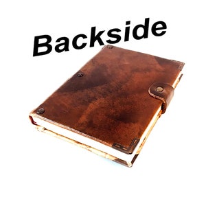 Back view of handmade laether journal showing flat smooth leather cover.