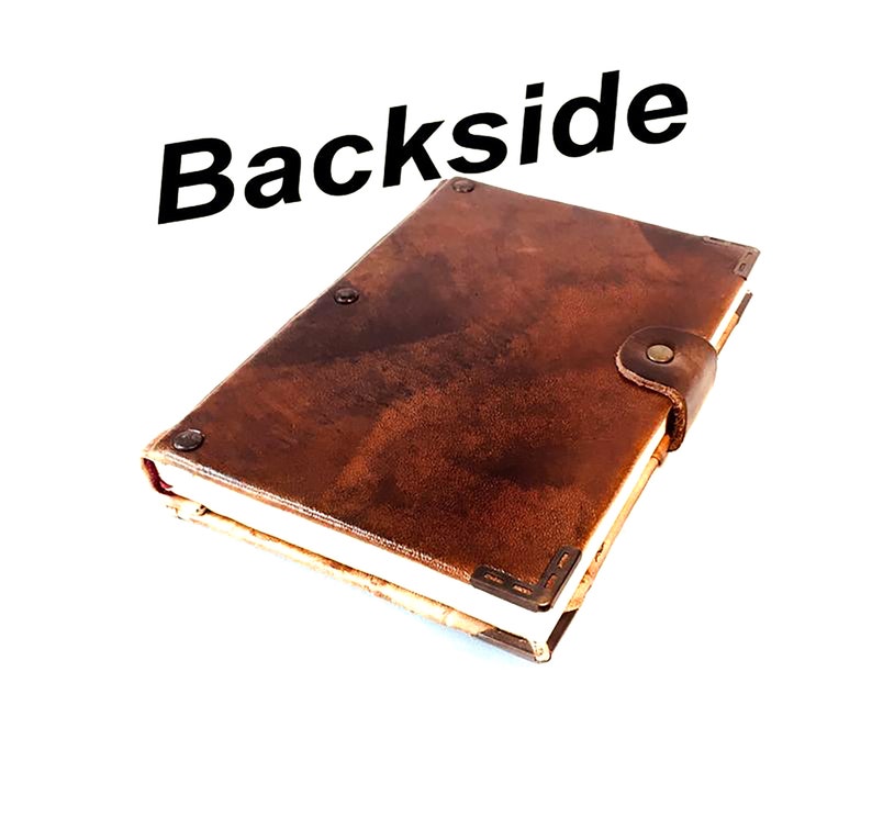 Back view of handmade laether journal showing flat smooth leather cover.