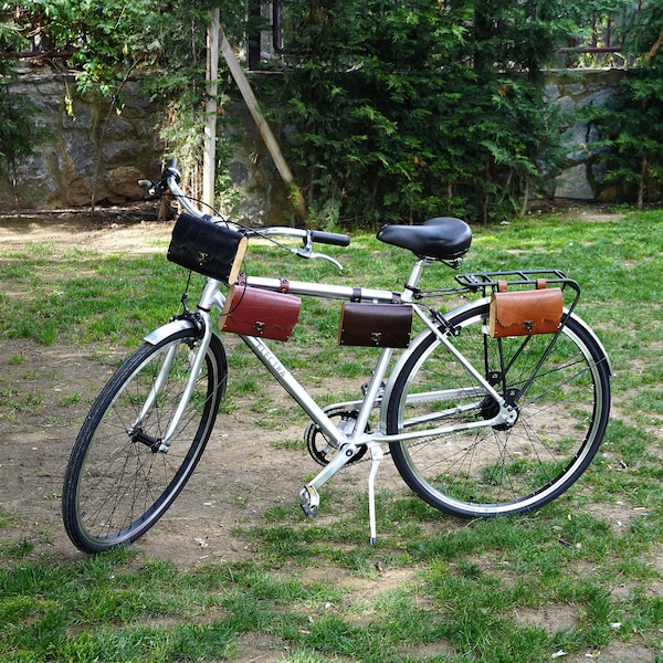 Leather Brown Cycling Bag, Bike Handlebar Bag, Bike Accessories, Leather Fanny Pack, Bike Tool Bag, Cycling Gift for Men