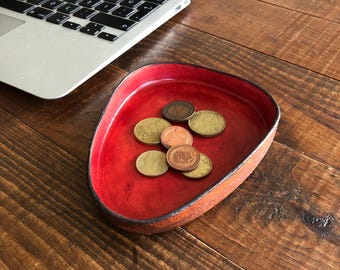 Personalized Red Leather Valet Tray: Desk Organizer, Catchall for Dad