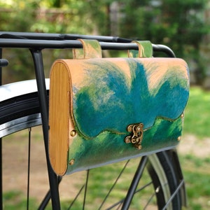 Green Bike Bag, Bicycle Pannier, Leather Handlebar Bag