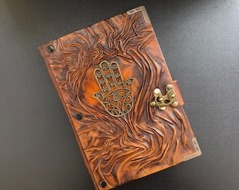 Hand of Fatima Leather Journal, Hamsa Hand Notebook