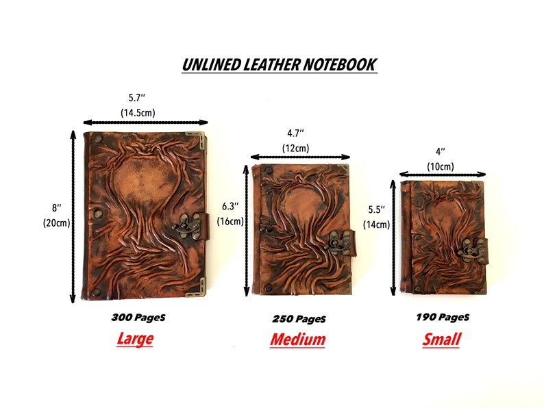 Journal has three different sizes with different amount of pages. Large one (5.7x8 inch) with 300 pages, medium one (4.7x6.3 inch) with 250 pages.