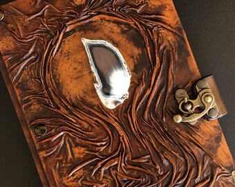 Personalized Leather Journal with Black & White Agate Stone, Custom Engraved Notebook