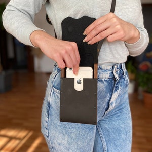 Black Leather Phone Case, Crossbody iPhone 6 6S 7 8 Plus XS XR 11 12 Mini Phone Wallet, Rustic Shoulder Phone Pouch Bag, Festival Purse