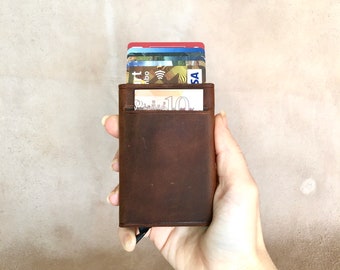 Leather Pop Up Wallet, Minimalist Wallet, Metal Credit Card Case