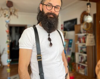 ブラウンレザーサスペンダー、30mmメンズレザーブレース、リング