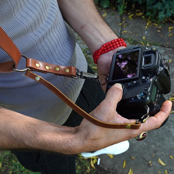 Set of Leather Camera Straps, Camera Holder and Safety Strap