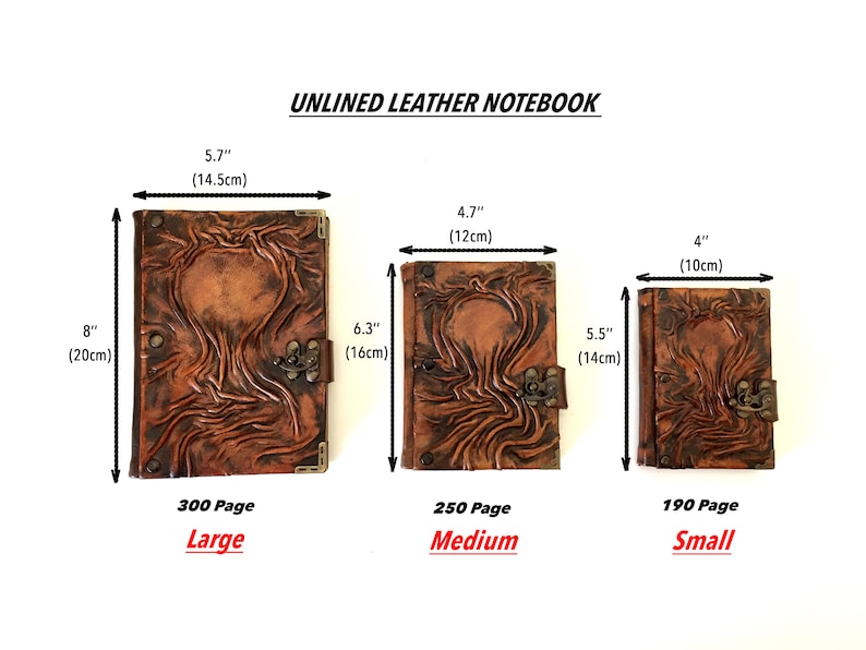 Journal has three different sizes with different amount of pages. Large one (5.7x8 inch) with 300 pages, medium one (4.7x6.3 inch) with 250 pages, small one (4x5.5 inch) with 190 pages.
