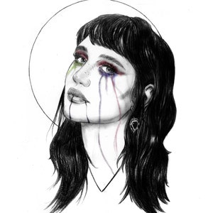 May include: A black and white drawing of a woman with long black hair. She has a halo above her head and is wearing makeup with colorful streaks running down her face.
