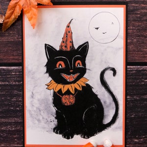 Vintage Halloween Hat Cat-5x7 Impresión de Bellas Artes, Decoración gótica del hogar, Decoración de calabaza, Tarjeta navideña, Gatito espeluznante, Decoración de pared bruja, Magia
