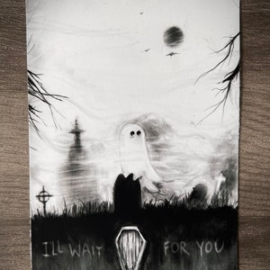 Jag väntar på dig - 5x7 mörk konsttryck, gotisk romantisk konst, spökkonst, äldre emo, memento mori, melankolisk väggkonst bild 1