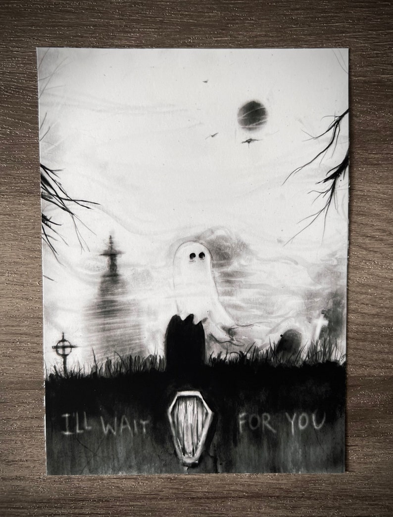 Jag väntar på dig - 5x7 mörk konsttryck, gotisk romantisk konst, spökkonst, äldre emo, memento mori, melankolisk väggkonst bild 1