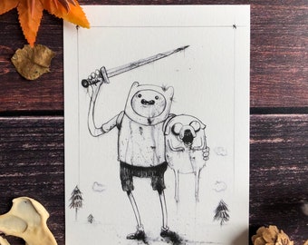 Adventure Time Finn and Jake-5x7 Dark Art Print, Cartoon Network, Finn wall art