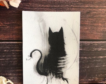 Bad Luck-5x7 Black Cat Art Print, Gothic Home, Kitty Ears, Witchcraft, Satanic Decor
