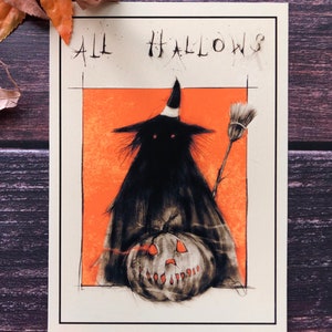 All Hallows Witch- 5x7 Fine Art Print, Vintage Halloween Cards, Jack o Lantern, Samhain, Hallows Eve, Gotycki wystrój