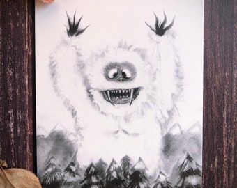 Bumbled Abominable Snowman- 5x7 Dark Art Print, Winter Decor, Holiday Art, Rudolph the red nosed Reindeer