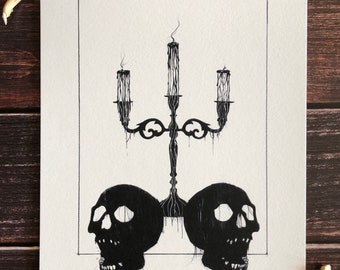 Skulls and Candles- 8x10 Dark Artwork Print, Gothic, Vampire Romance, Witchy Decor, Candelabra