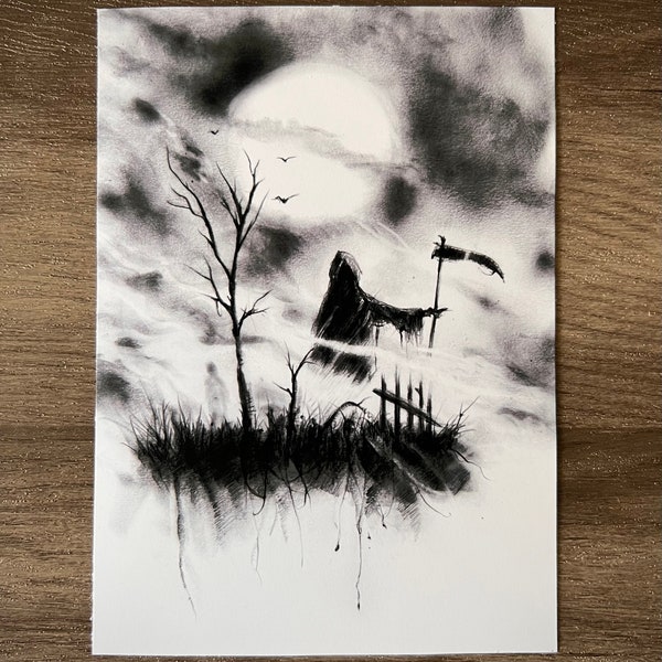 Night timing- 5x7 Dark Art Print, Satanic Decor, Gothic Home, Grim Reaper Decal, Witchcraft