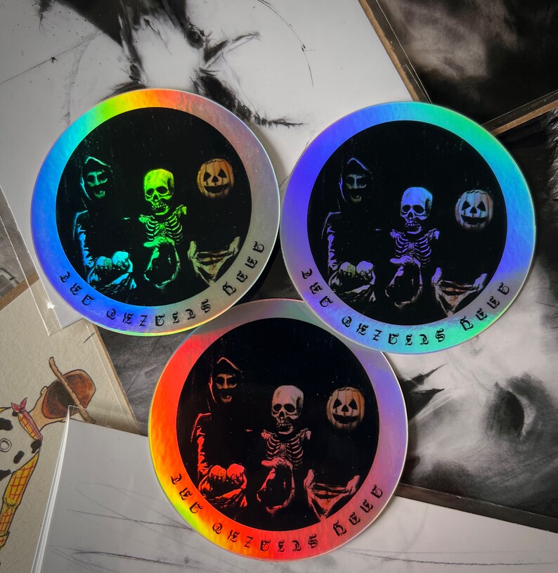 Silver Shamrock Sticker Holographic-Halloween Season of the Witch, Circle Stickers, Vinyl Sticker, Pumpkin Decal, Skeleton Sticker image 1