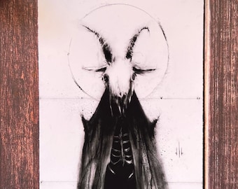 May include: A black and white drawing of a skeletal figure wearing a cloak and a goat skull. The figure is standing in front of a large circle.