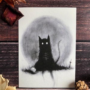 Gato de Yule - Impresión artística oscura de 13 x 18 cm, decoración de gato negro, tapiz de bruja, Navidad vintage, saludos festivos