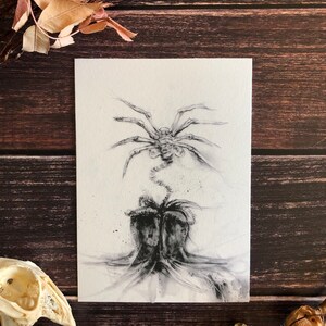 May include: A black and white drawing of a creature with a spider-like body and a long, thin tail. The creature is depicted in a menacing pose, with its legs spread wide and its tail curled up. The drawing is done in a realistic style, with fine details and shading.