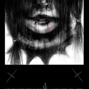 May include: Black and white drawing of a woman's face with long hair covering her eyes. Her mouth is open and there is a red stain on her chin. The text "I HAVE SEEN THE DARK || I LONG FOR ITS ACHE" is below the image.