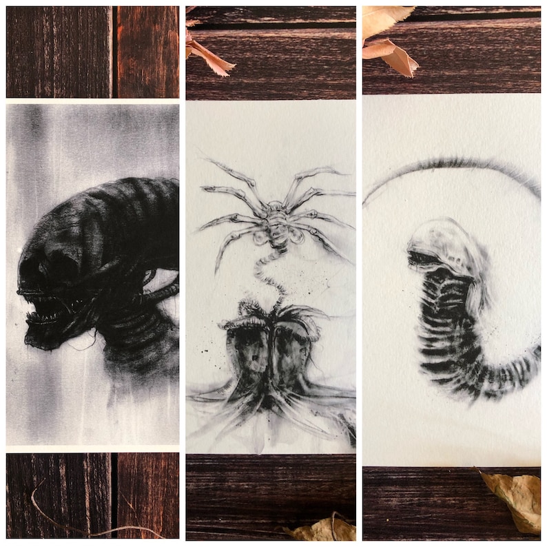 May include: Three black and white illustrations of creatures from the Alien franchise. The first image shows the Xenomorph, the second image shows the Facehugger, and the third image shows the Chestburster.