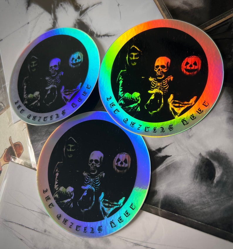 Silver Shamrock Sticker Holographic-Halloween Season of the Witch, Circle Stickers, Vinyl Sticker, Pumpkin Decal, Skeleton Sticker image 3