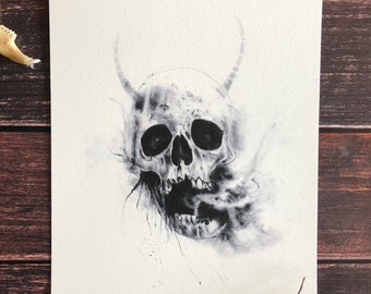 8x10 Skull Art, Dark ArtWork, Satanic Decor Wall, Dark Surrealism llustration, Skull Design