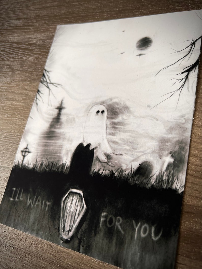 Jag väntar på dig - 5x7 mörk konsttryck, gotisk romantisk konst, spökkonst, äldre emo, memento mori, melankolisk väggkonst bild 2
