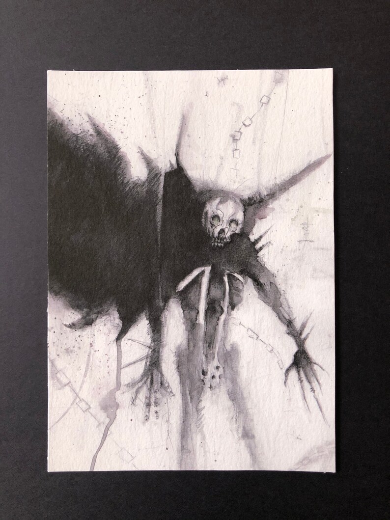 May include: A black and white ink drawing of a skeletal figure with a skull head, emerging from a dark, shadowy form. The figure has long, thin limbs and sharp claws. The background is a light gray with faint lines and dots.