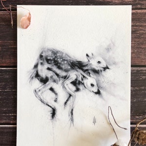 May include: A black and white drawing of two deer fawns running through a misty forest. The drawing is done in a realistic style and captures the movement of the fawns.