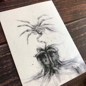 May include: A black and white drawing of an alien creature with a spider-like body and a long tail. The creature is depicted in a menacing pose, with its legs spread out and its tail curled up.
