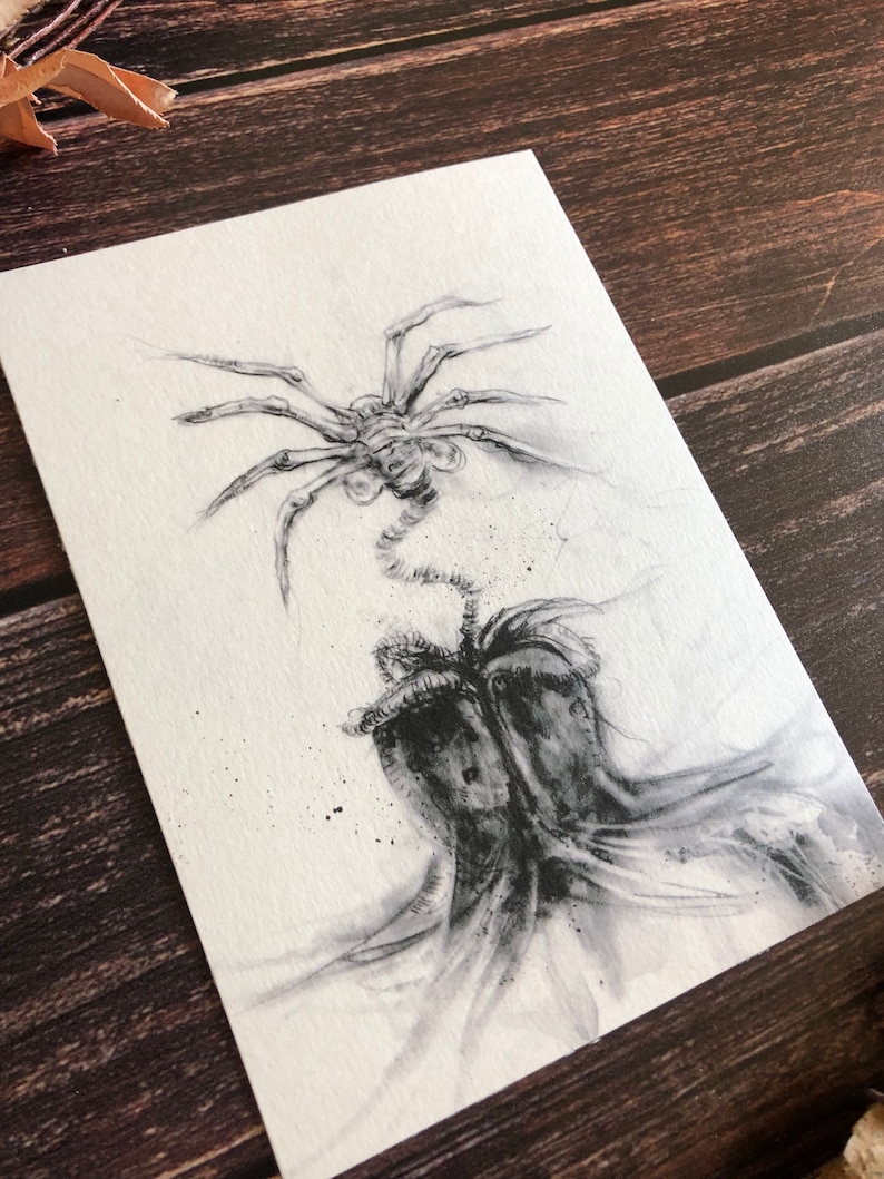 May include: A black and white drawing of an alien creature with a spider-like body and a long tail. The creature is depicted in a menacing pose, with its legs spread out and its tail curled up.